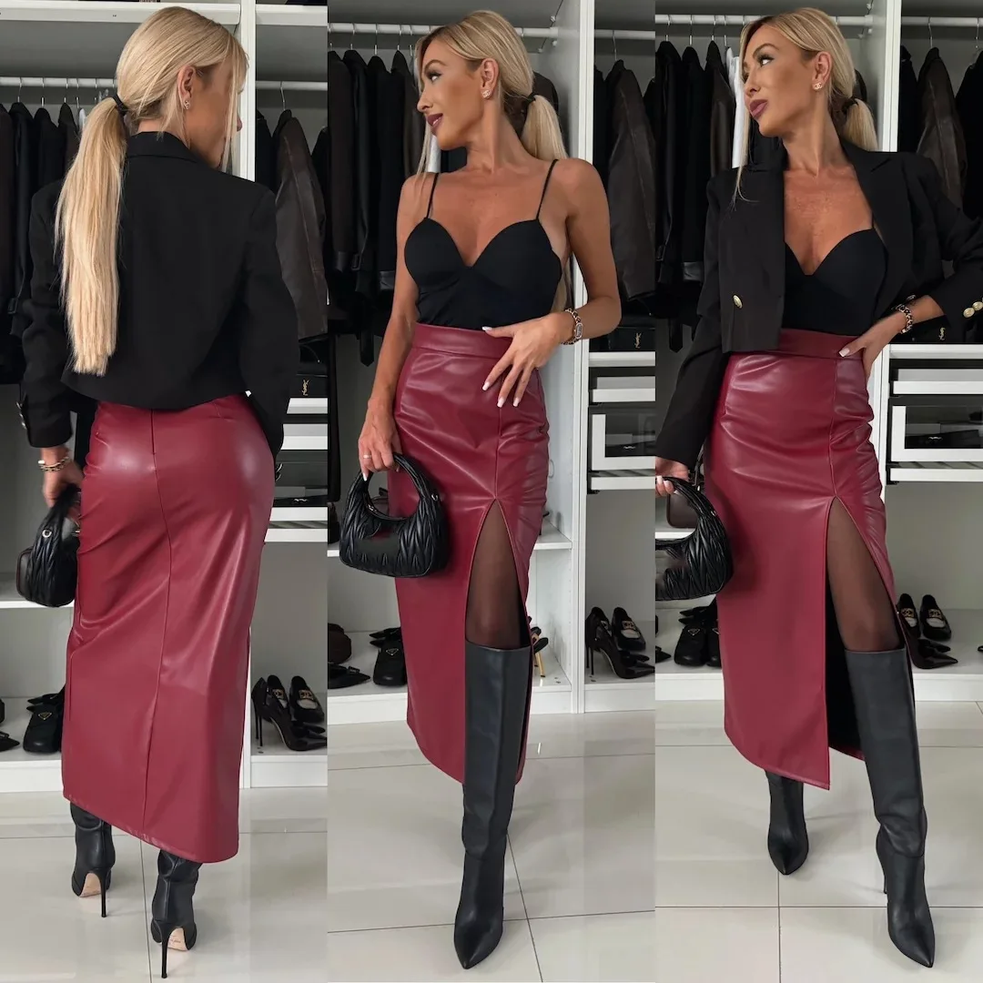 

SKMY New Solid Color Long Skirts Women Clothing 2025 Autumn And Winter High Waist Split Leather Skirts Sexy Party Clubwear