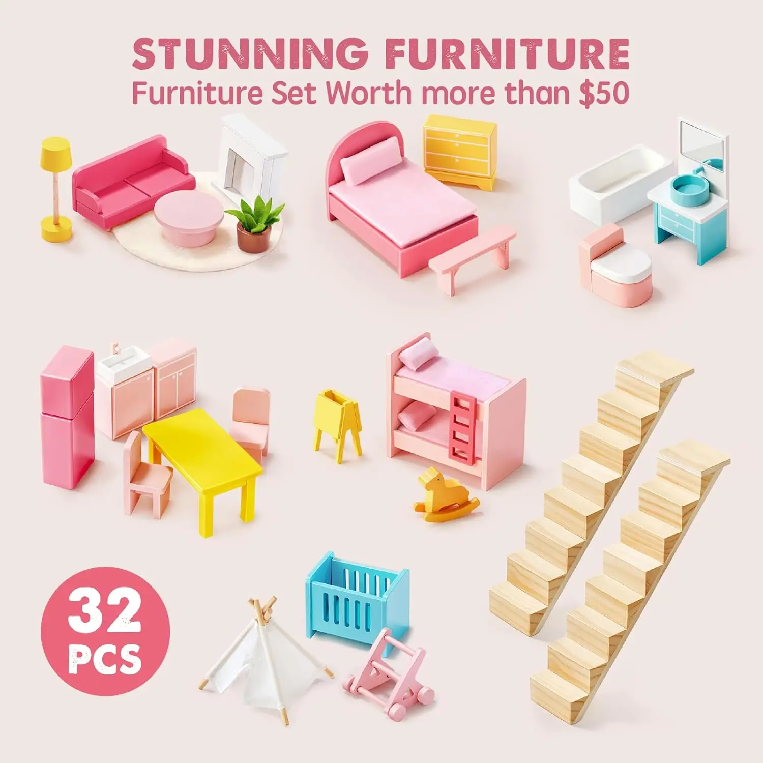 Casa de muñecas de madera para niñas - Casa de muñecas de madera de 6 habitaciones, casa de muñecas de simulación DIY con accesorios de muebles de 30 piezas, regalo creativo f