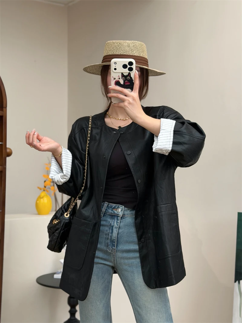 

Loose Fitting PU Protein Leather Shirt Sleeve Jacket Women's Spring Season Medium Length Leather Coat Outerwear