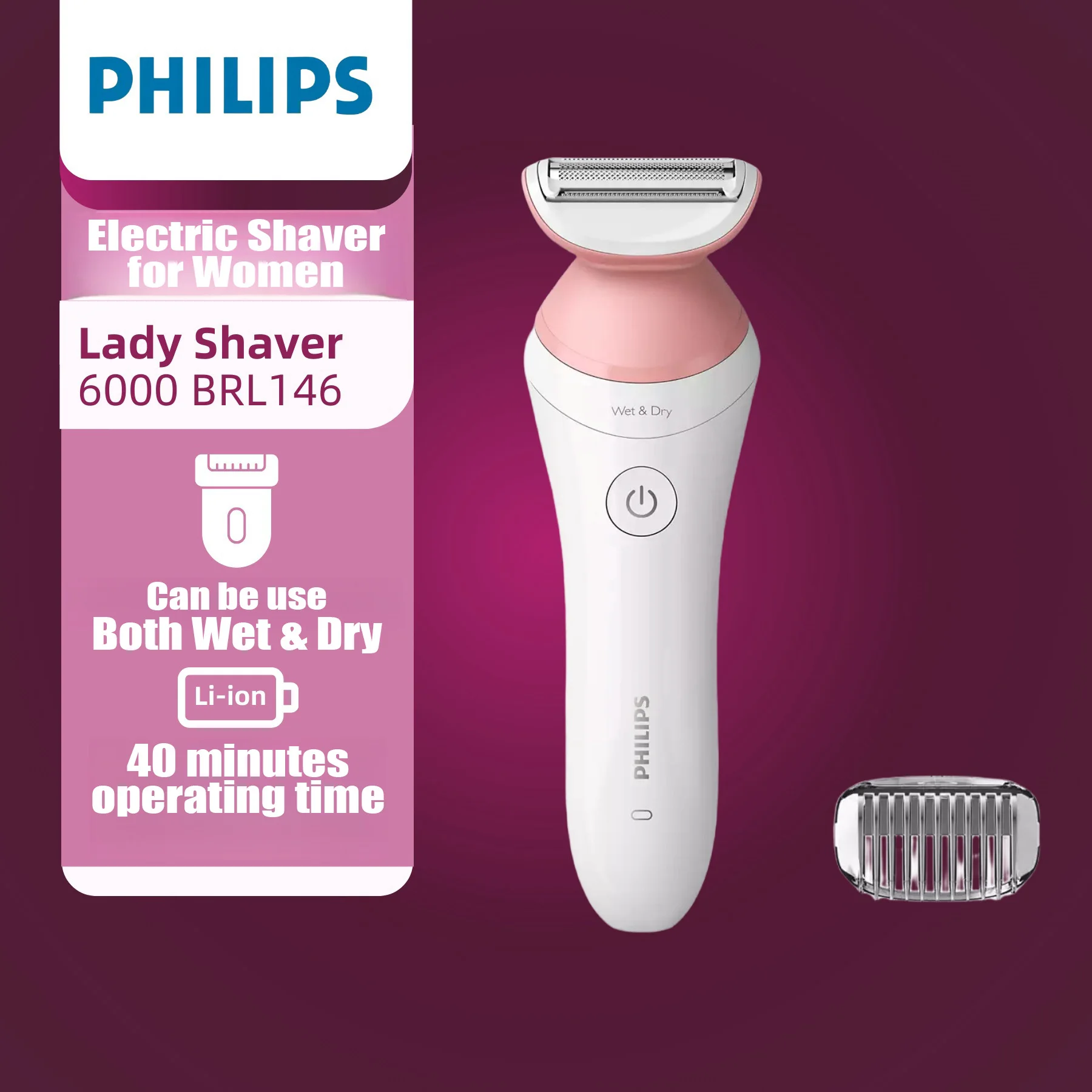 Philips Beauty Lady Electric Shaver and Trimmer for Women Series 6000, Cordless , BRL146, White