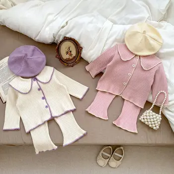 2024 Ins Autumn Baby Girls 2Pcs Clothes Set Cotton Long Sleeve T-shirt Turndown Collar Shirt Flared Pants Suit Toddler Girls Outfits