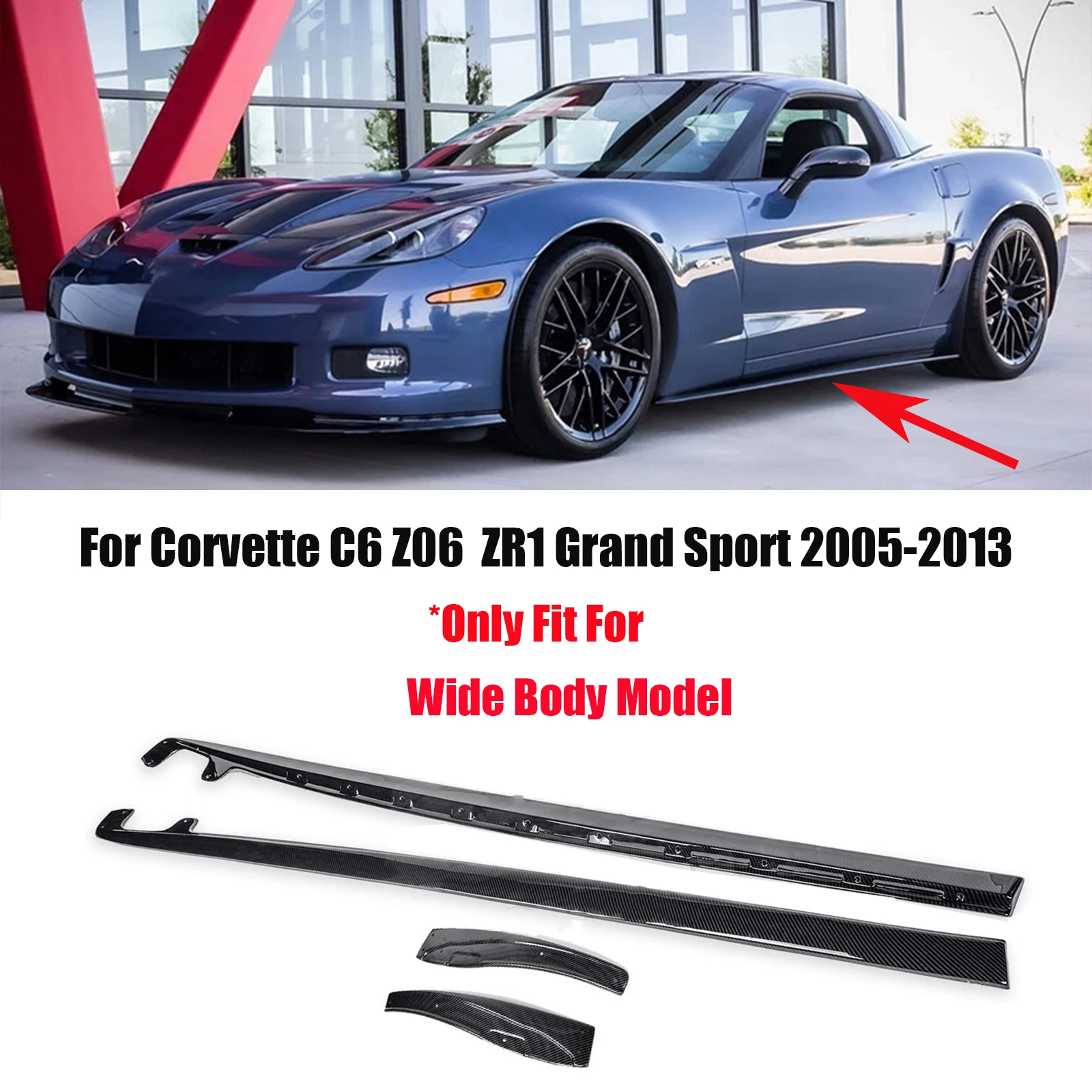 For 2005-2013 Corvette C6 Z06 ZR1 Grand Sport Wide Body Side Skirts Extension&Mud Flaps Fender Rocker Panel Bodykit Carbon Look