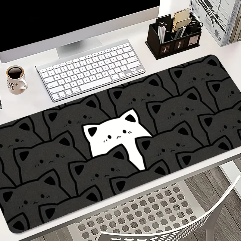 Cute cat non-slip mousepad, oversized rubber keyboard pad, 2mm non-slip rubber base stitched edges, computer office gaming mouse