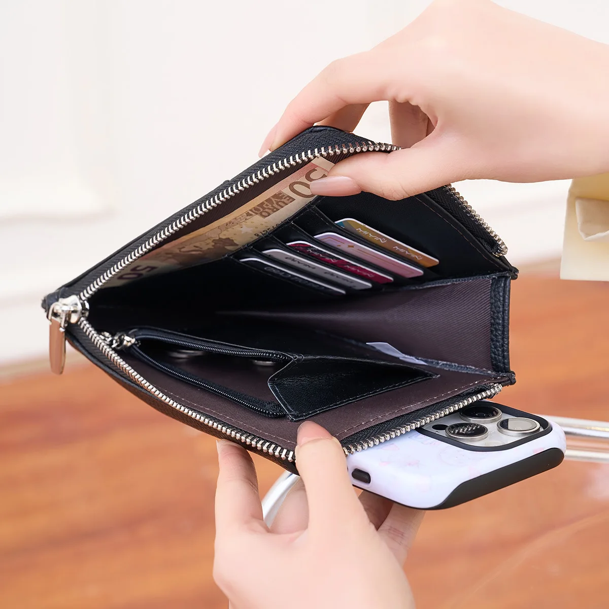 حقيبة هاتف محمول عمودية من الجلد الناعم بنمط الليتشي حقيبة كتف للسيدات حقيبة كروس متعددة البطاقات لتخزين الهاتف المحمول