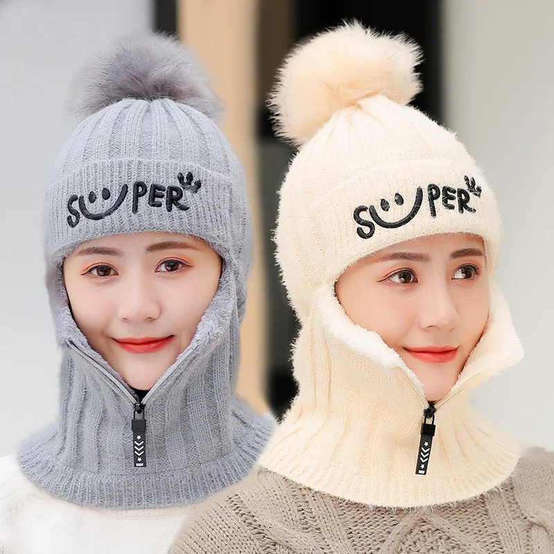 1pc Winter erwachsene Frauen lässig dicke warme Fleece winddicht Reiten Beanie Cap Sturmhaube Mit Kapuze Hals wärmer Hüte Cap Skullies Maske