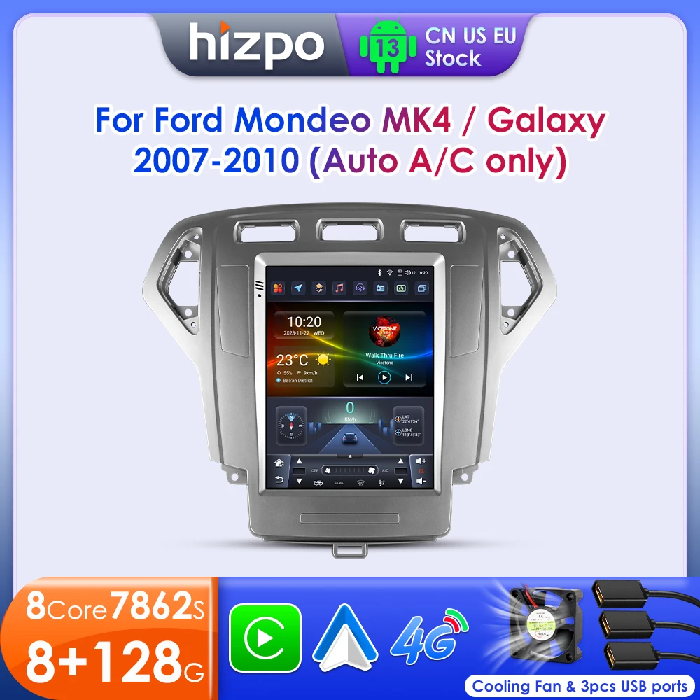 Hizpo For Tesla Style Car Radio For Ford Mondeo Mk4 Galaxy A/C 2007-2010 Carplay Screen Monitor Navigation Head Unit Player DSP