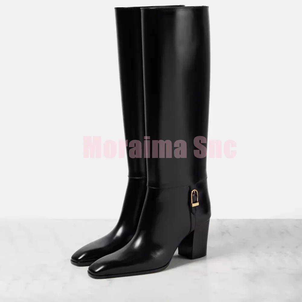 Fashion Pointed Toe Metal Buckle Knee High Boots Block Chunky Heel Slip On Sexy Women Long Modern Boots Autumn Winter 2026 New