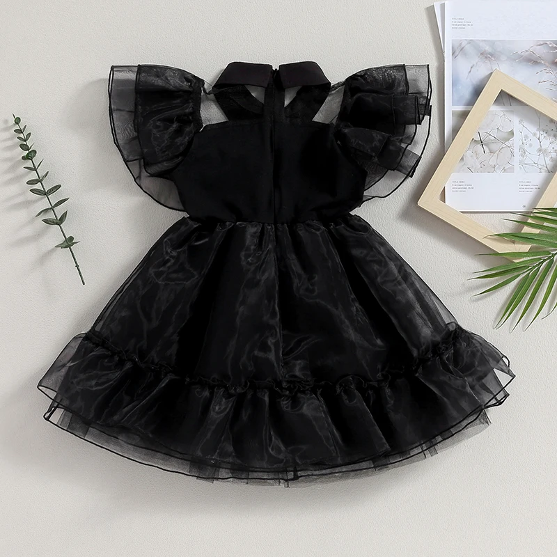 2023-06-28 Lioraitiin 3-9Years Kid Girls Casual Halloween Dress Black Flying Sleeve Turn Down Collar A-line Tulle Dress