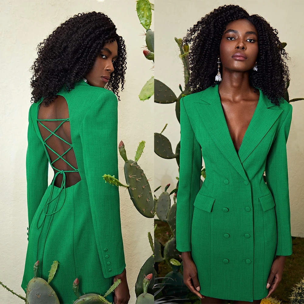 Green Double Breasted Women Slim Long Jacket Sexy Hollow Back Ladies Prom Evening Guest Formal Wear Custom Made Blazer