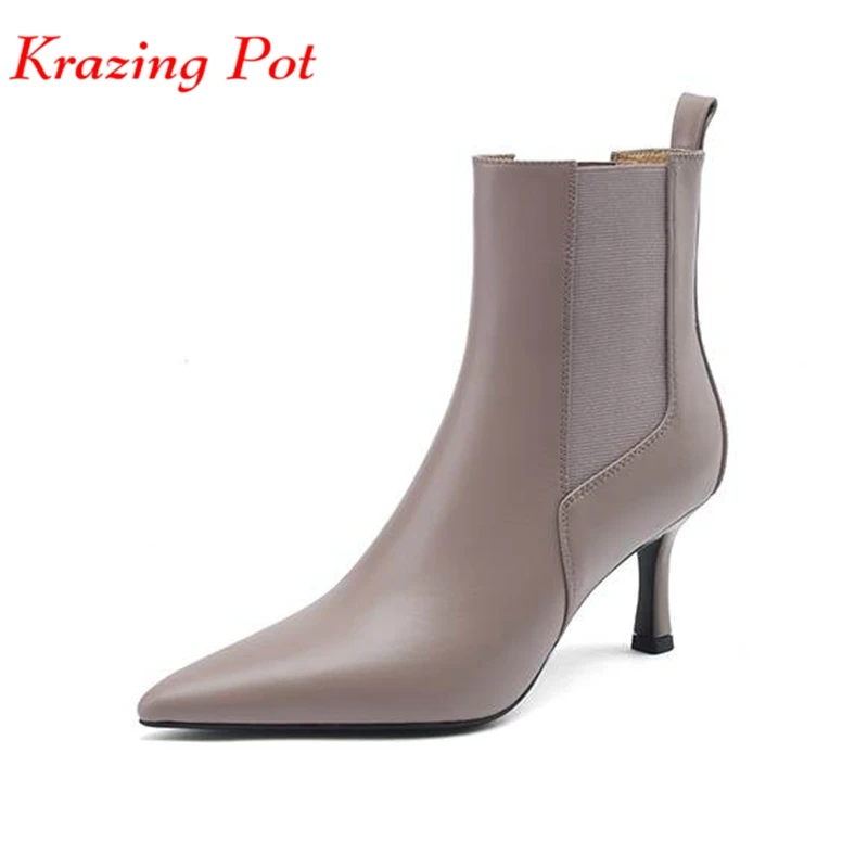 Krazing Pot Cow Leather Pointed Toe Winter Keep Warm Modern Boots Thin High Heels Beauty Lady High Street Fashion Ankle Boots