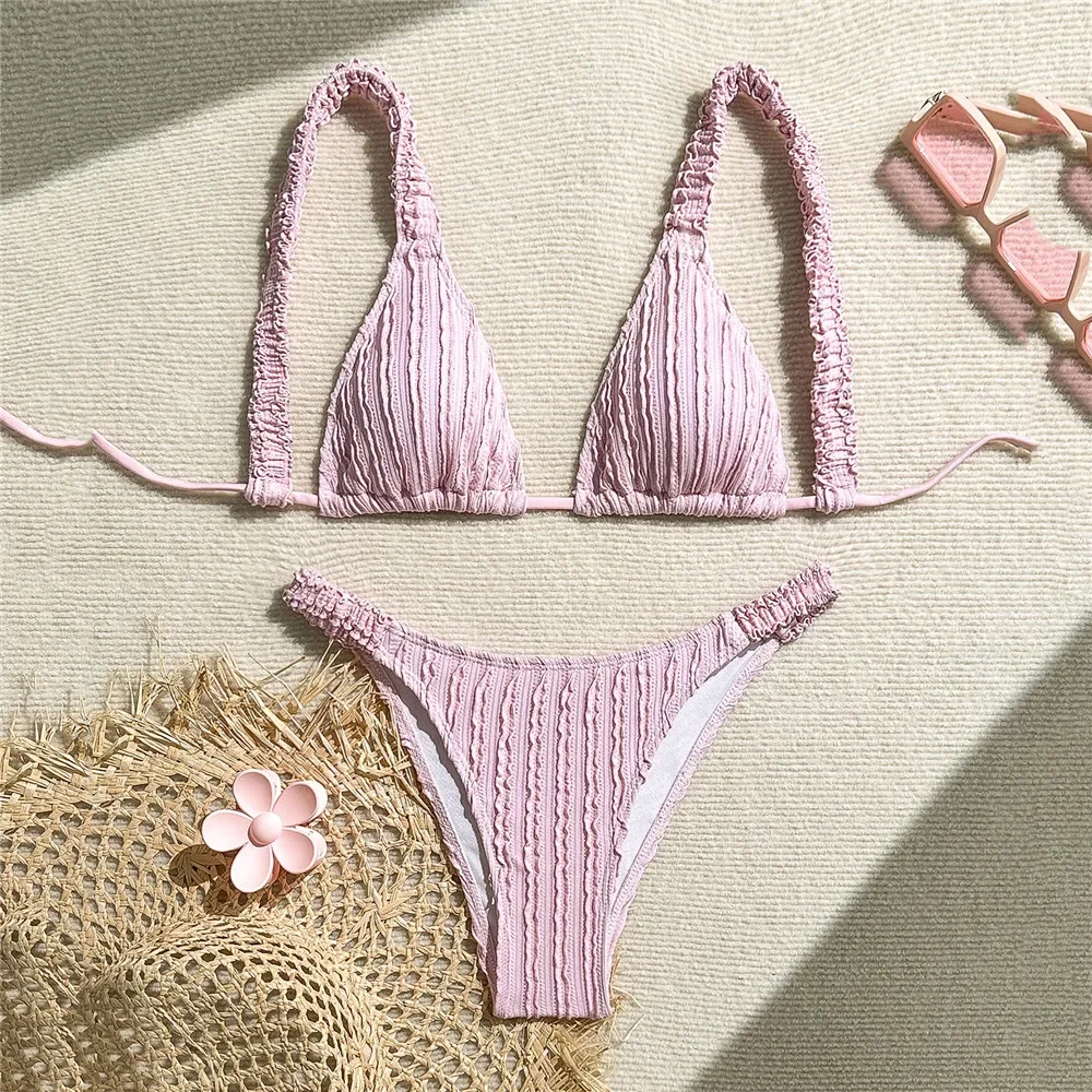 

Черный морщинистый треугольный купальник, бандажные комплекты бикини, микро-стринги, сексуальные купальники для женщин, 2025 г., купальный костюм с высоким вырезом, бикини Mujer