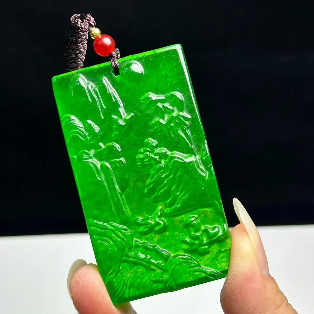 Natural Ice Green Jade Jadeite Carved Landscape Pendant&Necklaces