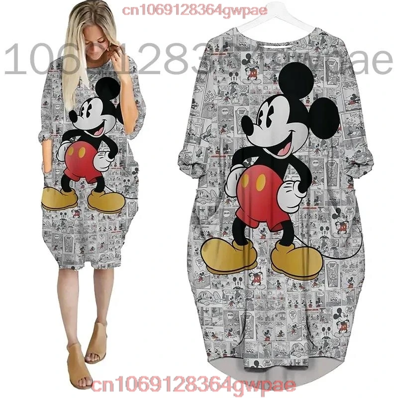 Mickey Minnie Mouse Home Long Sleeve Dress Disney Fashion Versatile Loose Batwing Pocket Over the Knee Womens Party Dress