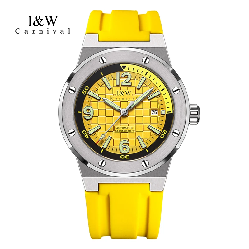 

Carnival Brand High-End IW Series Sports Men Mechanical Watch Rubber Strap 50M Waterproof Luxury Sapphire Automatic Watches Mens