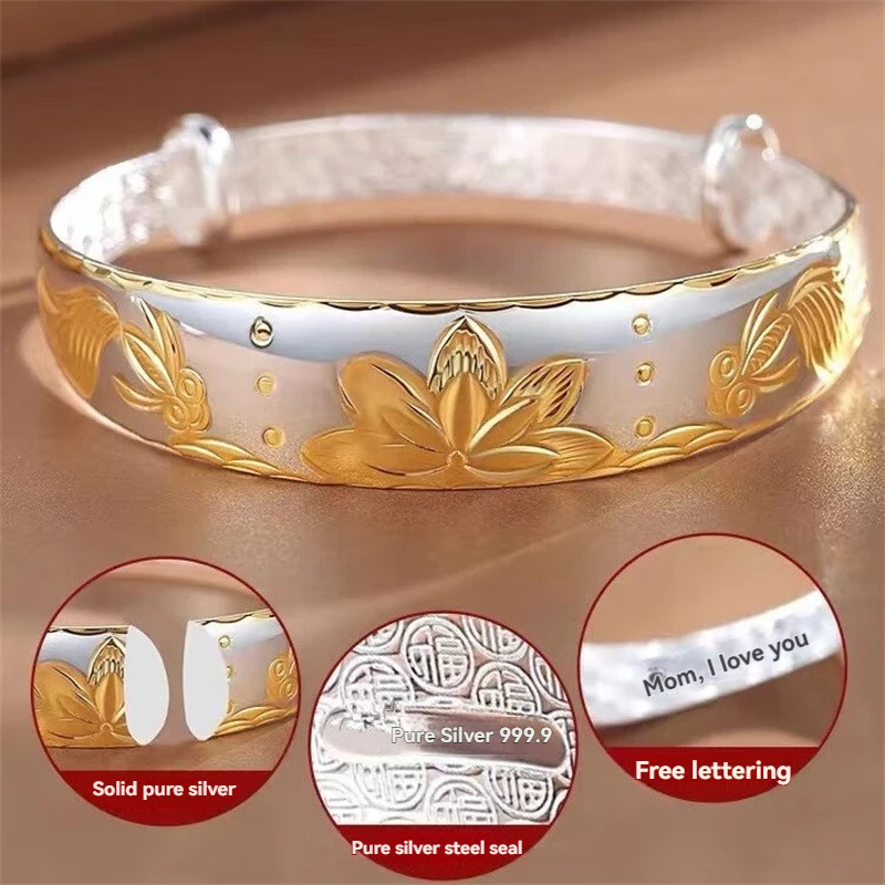 سوار من الفضة الإسترليني S999 عالي الجودة ، سوار كلاسيكي لوتس الحوت الذهبي للسيدات ، هدية للأم والزوجة ومجوهرات الجدة #2