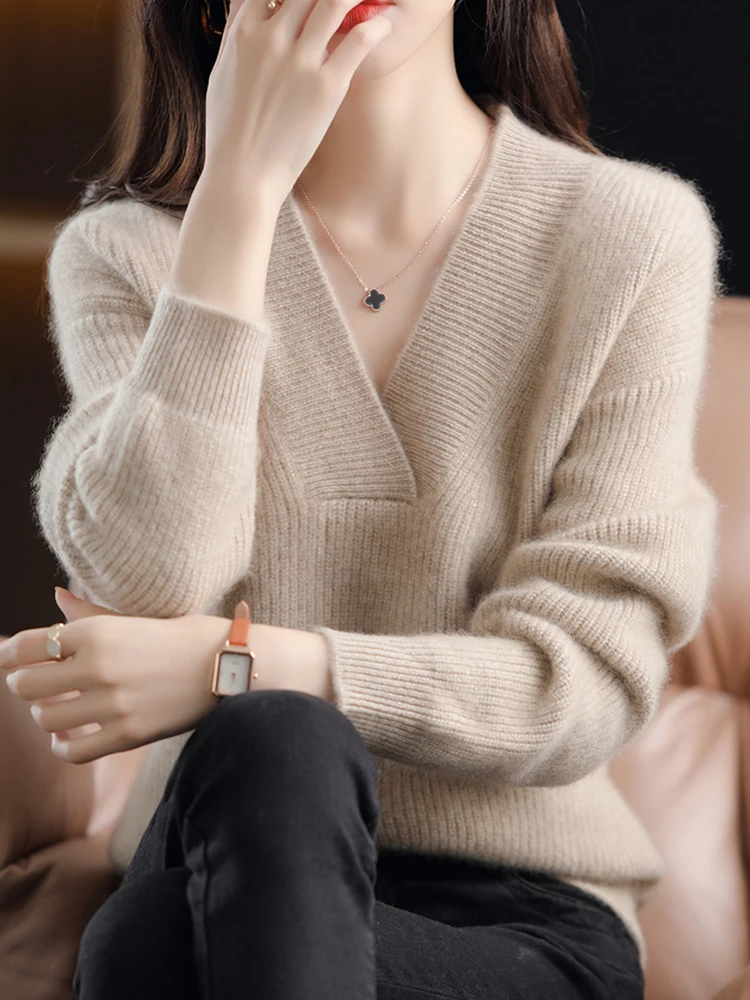 Women\'s Solid Loose Knit Sweater Base V-neck Pullover Autumn Winter Jumpers Knitwear Soft Warm Chic Femme Sweater Casual Tops