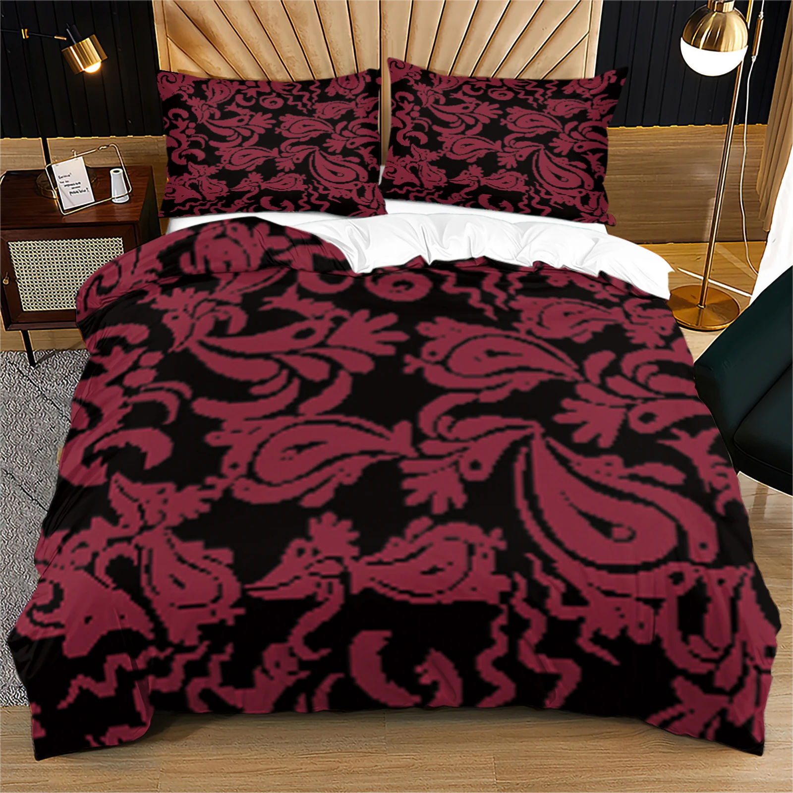 Black Base Burgundy Paisley Duvet Cover Set Elegant Vintage Boho Style for Guest & Master Bedroom Ideal Gift for Retro Lovers