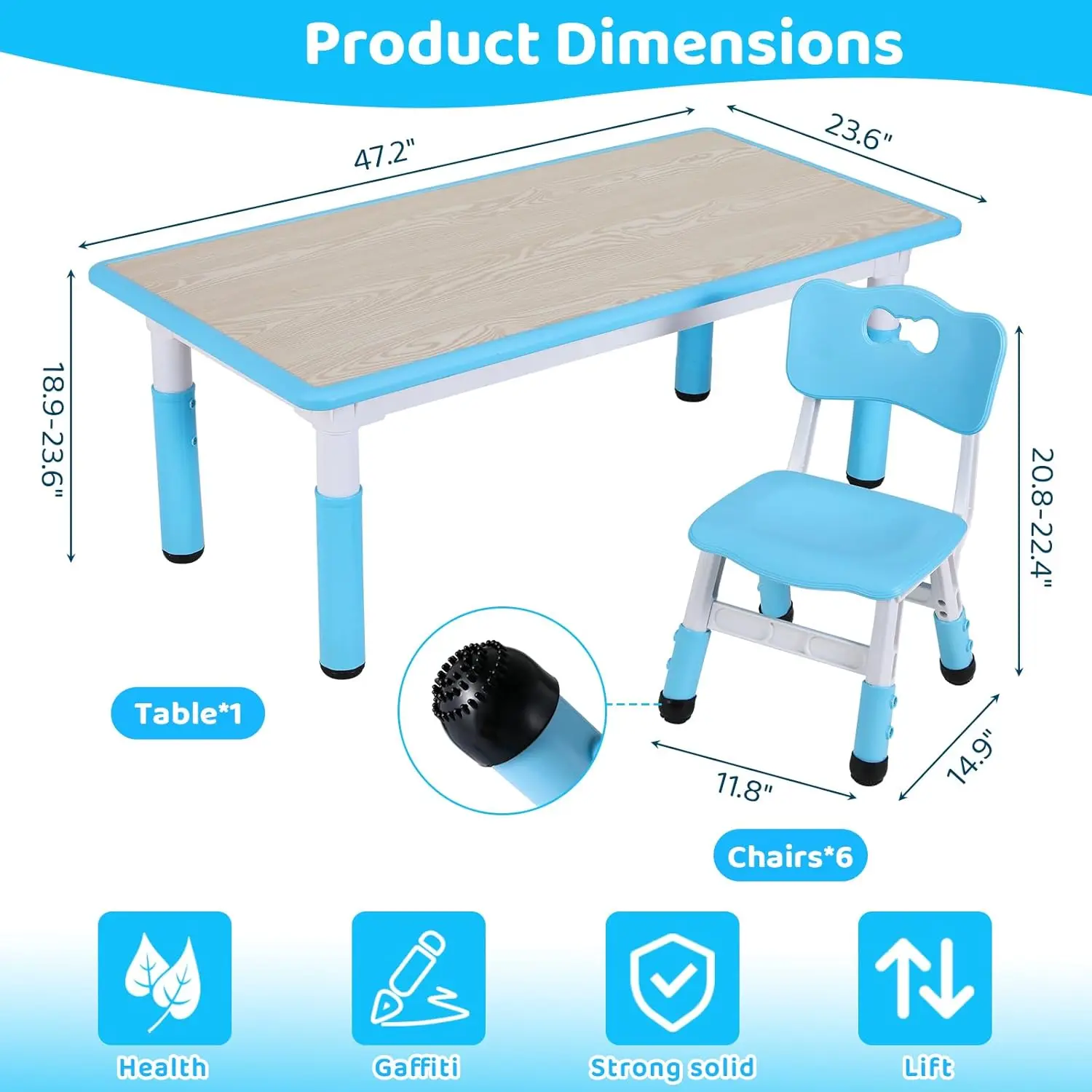 Blue,for Daycare Classroom Home Boys and Girls Age,Arlopu Kids Table and 6 Chairs Set, Height Adjustable Graffiti Table, Prescho