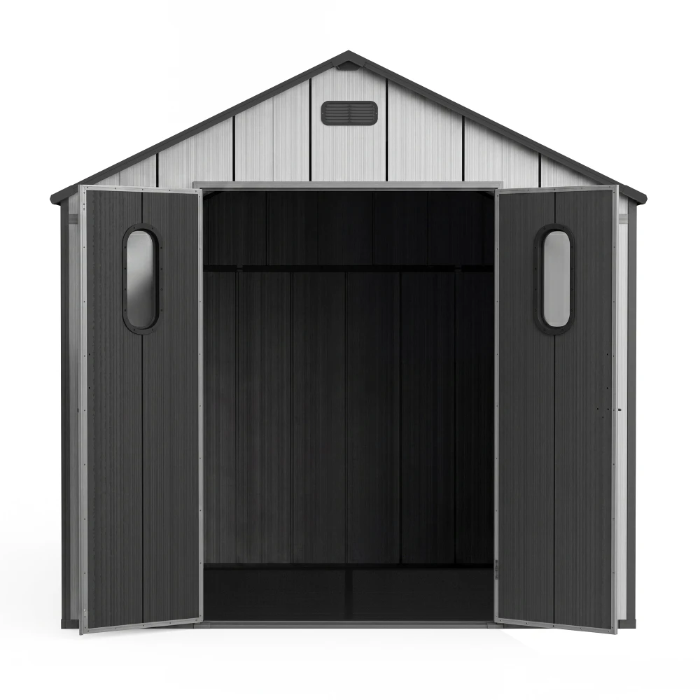 8x8Ft Resin Outdoor Storage Shed with Floor, Plastic Garden Storage Shed, Outside Weatherproof Storage Building for Tools, Bike, Lawn Mower, Patio, Backyard