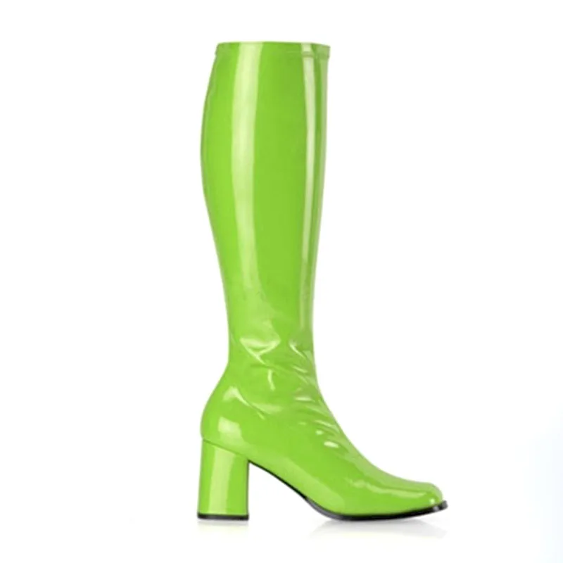 Women Fruit Green Patent Leather Med Block Heel Knee Boots Side Zipper All Match Candy Colors Stage Performance Boots