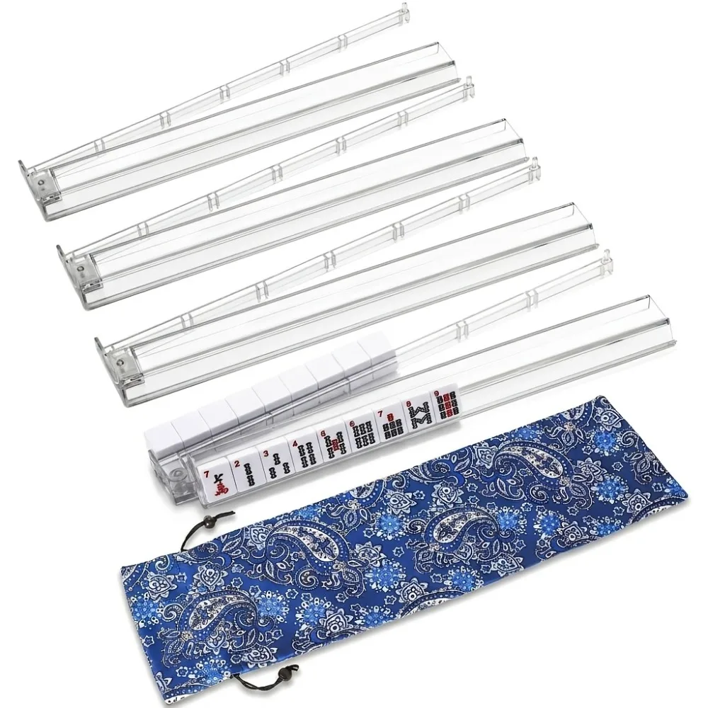 4PCS Mahjong Racks with Pushers Acrylic American Majiang Tile Racks Modern Mahjong Racks with Built-in Pushers with Storage Bag