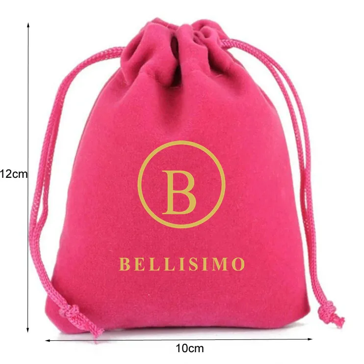 100 Pieces 10x12cm Hot Pink Velvet Bags Drawstring Gift Jewelry Pouches Printed With Gold Color Logo