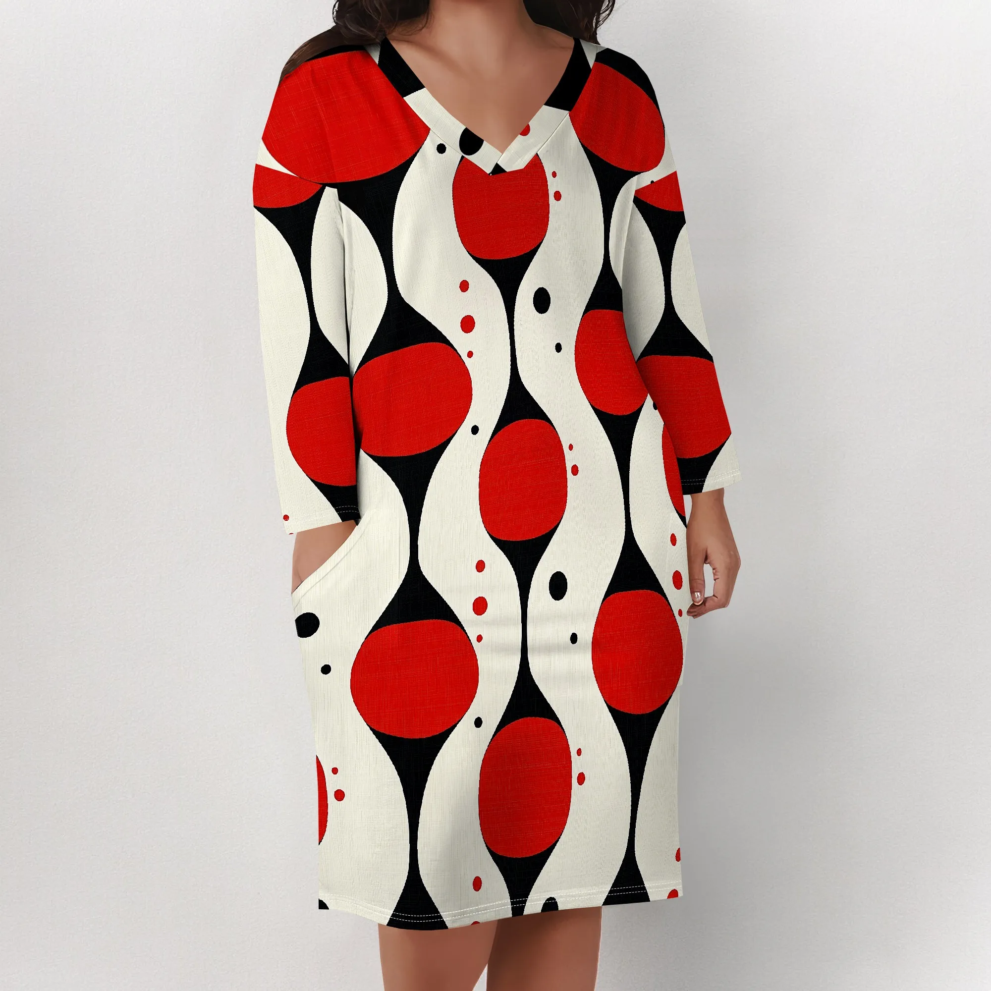 Plus Size Women's Red Abstract Print Dress, XL-6XL, V-Neck Casual Beach Party Dress, 2025 New Arrival