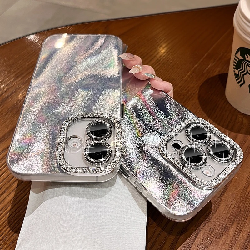 Luxury Tin Foil Laser Case for iPhone 13 12 11 14 15 16 Pro Max 16 Plus Gradient Aurara Diamond Bling Lens Protection PC Cover