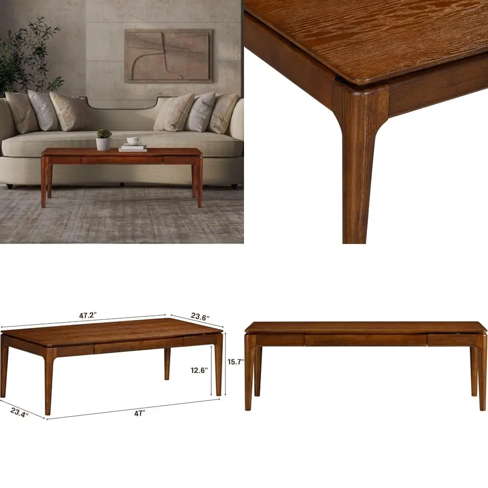 طاولة قهوة خشبية مستطيلة مع درج مخفي - مقاومة للماء والحرارة، لمسة نهائية من خشب الجوز الداكن #1