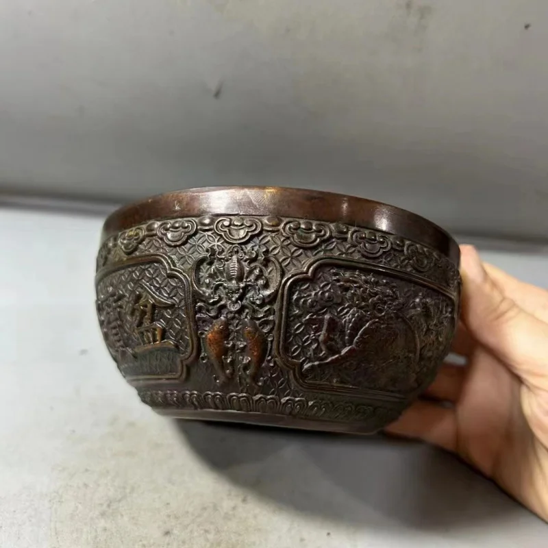 Antique Copper Bowl Kirin Bowl Antique Treasure Basin Ornament Qing Dynasty Qianlong Year Relief Home Decor Craft Ornament