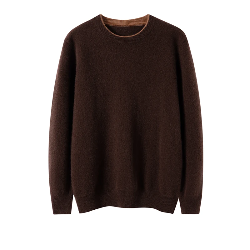 Men's Sweater Pullover Long Sleeved Autumn Winter 100% Wool Knit Sweater Loose O-Neck Collar Color Collision Simple Casual Tops