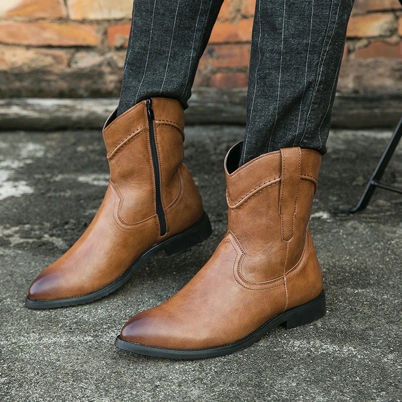 

Классические джинсовые ботинки в западном стиле в стиле ретро, качественные мужские кожаные ботинки с острым носком, удобные кожаные ботинки с высоким берцем на нескользящей подошве
