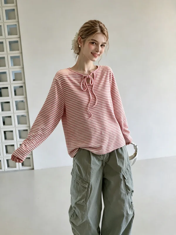 Dopamine Color Block Striped Long Sleeve T-Shirt Women's Early Autumn Loose Slimming Suitable for Single Wear Korean Style Top