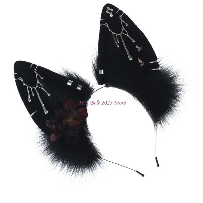 49ME Detailed Plush Wolf Ears Headband Cosplay Ear Accessory Headwear for Halloween Celebrations and Themed Party Wear