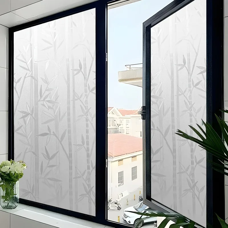 Bamboo Pattern Window Film Roll Static Cling Privacy Heat Block UV Block Reusable Easy Install for Bathroom Kitchen Door Window