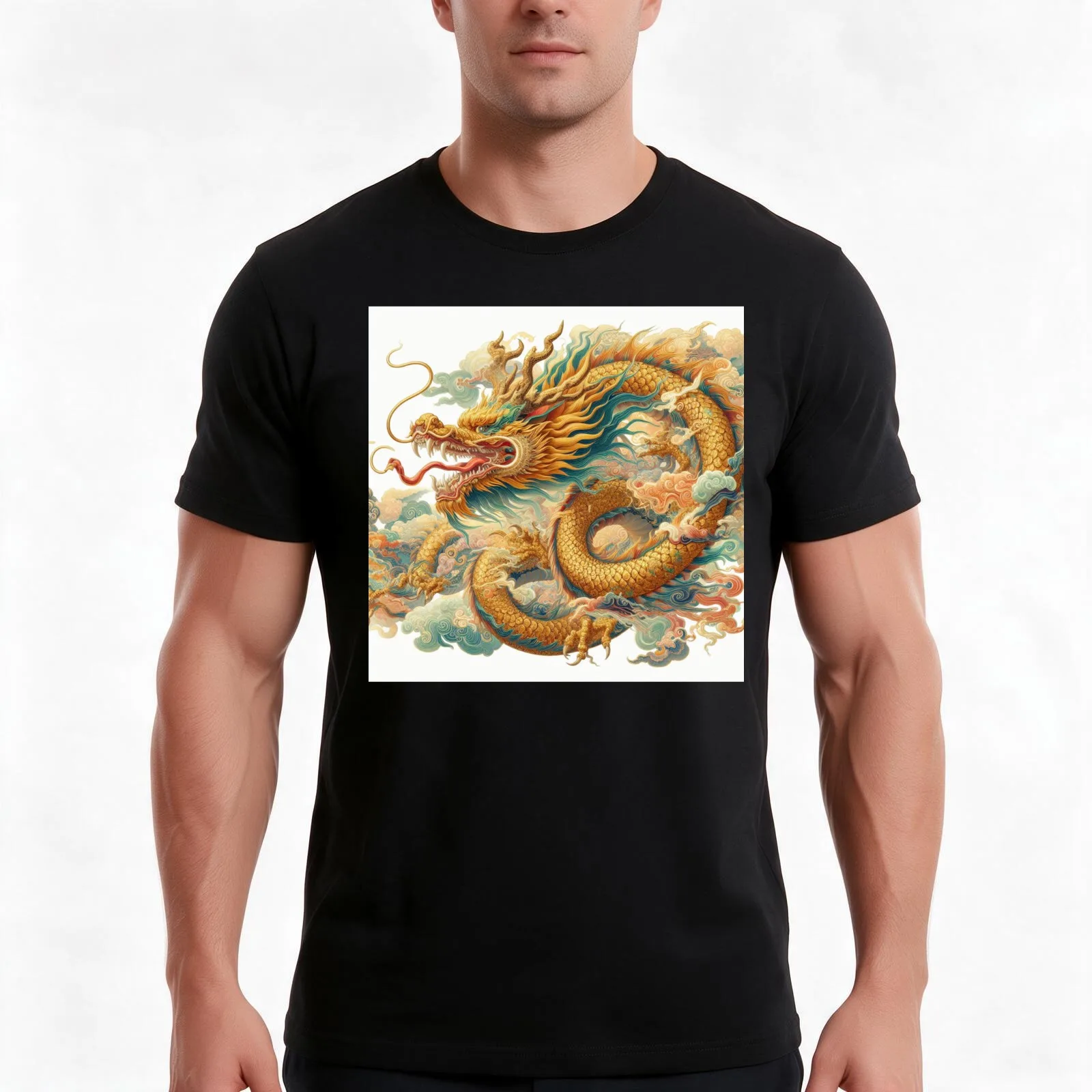 Sacred Golden Dragon T-Shirt, Summer Casual Cotton Tee, Oversized Streetwear Tops, Vintage Graphic Print, Loose Fit Short Sleeve