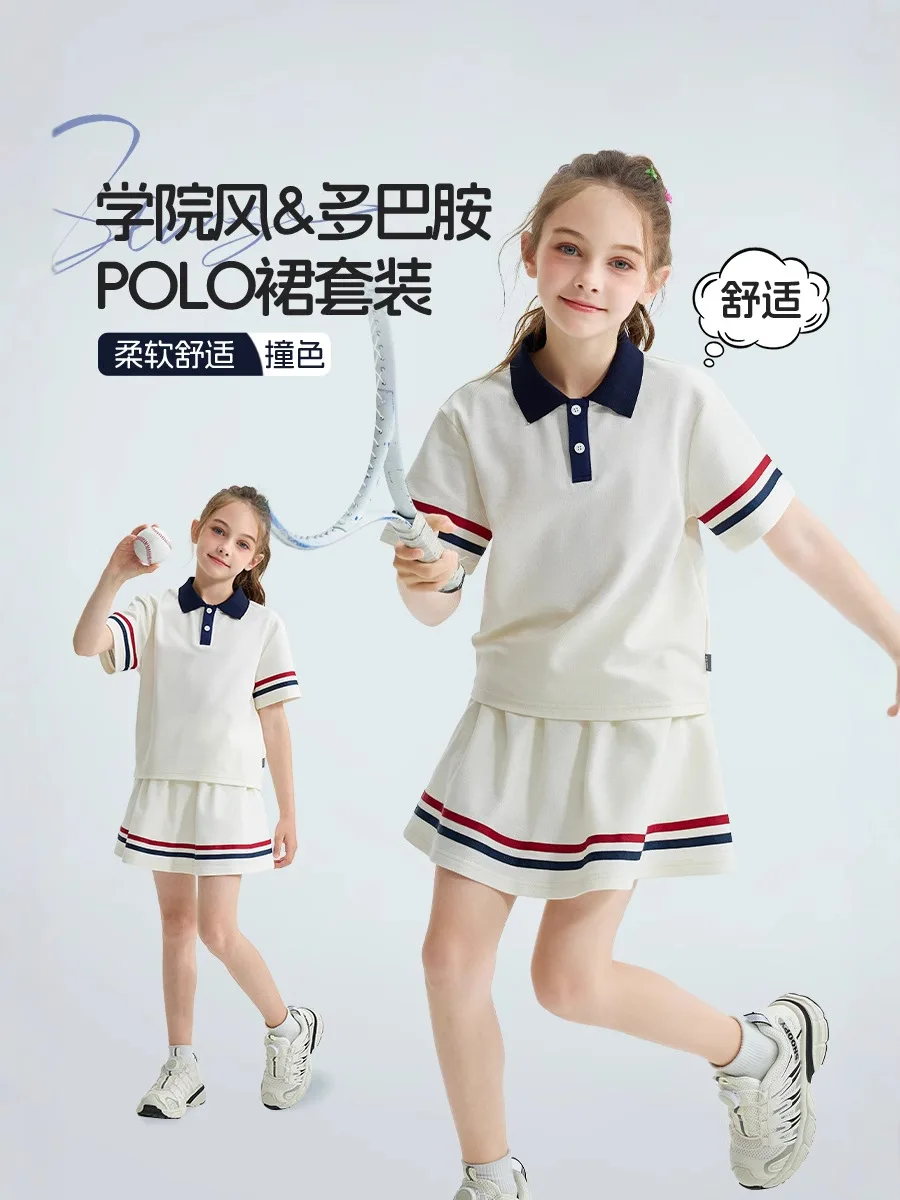 2026 Girls Tennis Striped Summer Tracksuit Cloth Child Set Teens Short T Shirt Tops + Cool Quick Dry Pleated Skirt 4 To 10 Years