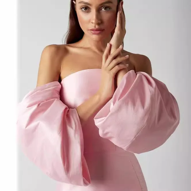 Cross-Border Pure Color ort Dr Women's Wrap Chest Waist Lantern Sve Dr Artistic Sle Polyester ort Sve Dr