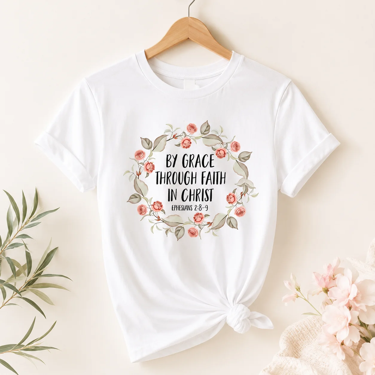 Pure cotton women's religious retro flower wreath, Bible quote printed short sleeved T-shirt, faith inspirational daily shirt