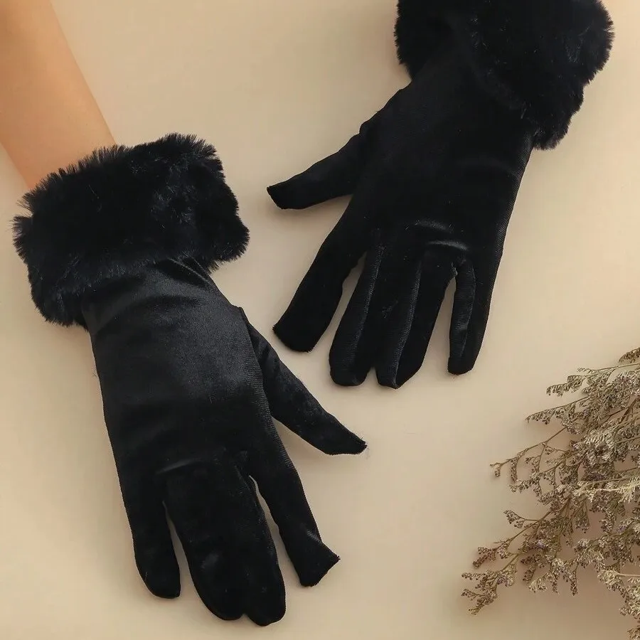 1 Pair Christmas Party Gloves Red Gold Velvet White Plush Full Finger Gloves Festive Christmas Costume Accessories Mittens