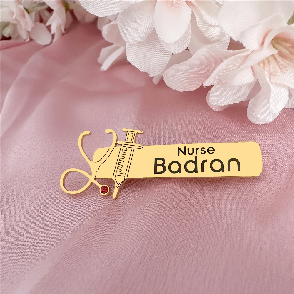 Estetoscopio personalizado, jeringa con nombre personalizado para enfermera, broche profesional de acero inoxidable para médico y enfermeras