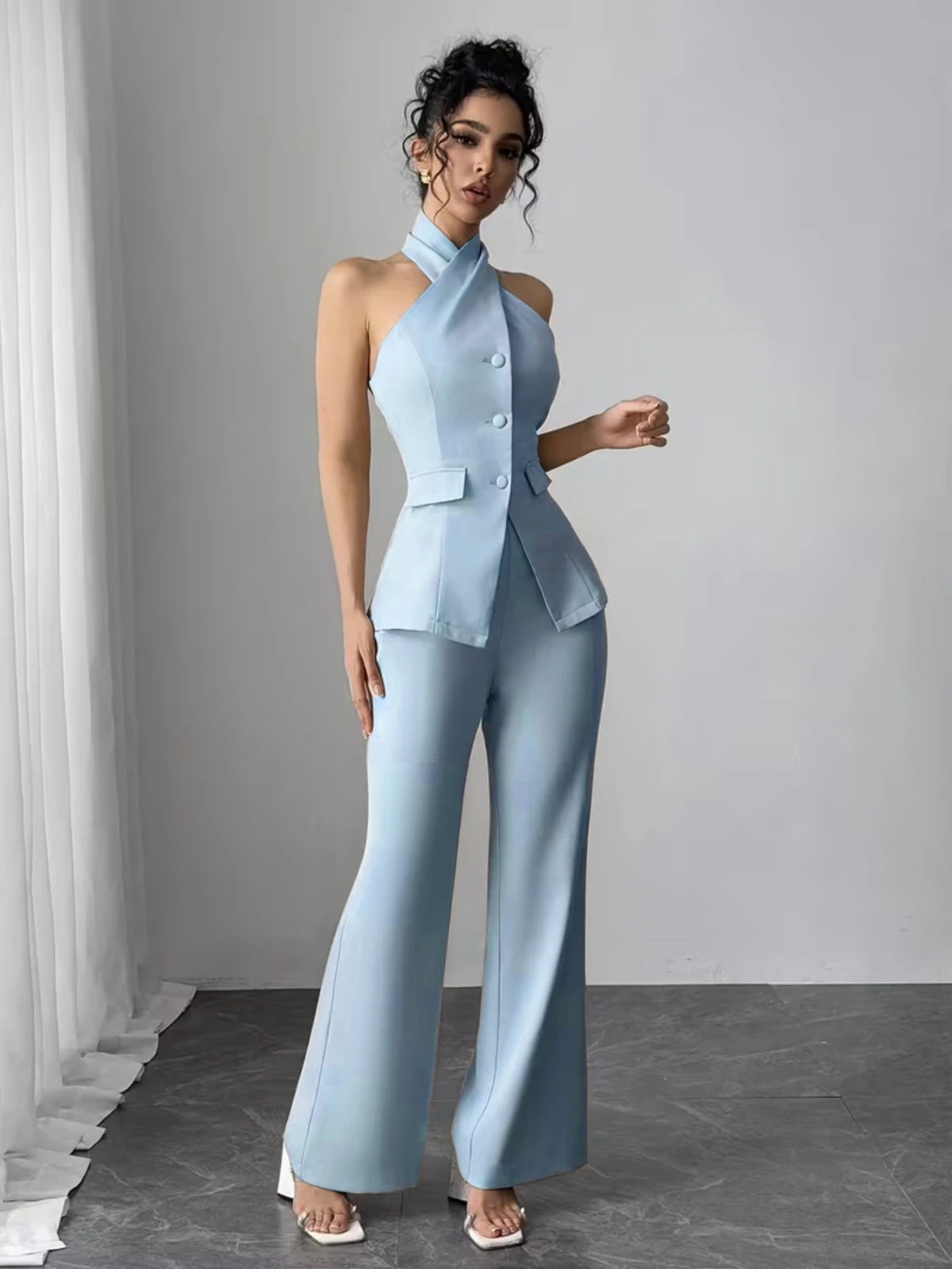 

Women Cross Halter Sleeveless Button Peplum Vest High Waist Flared Pants Formal Office Outfit Set