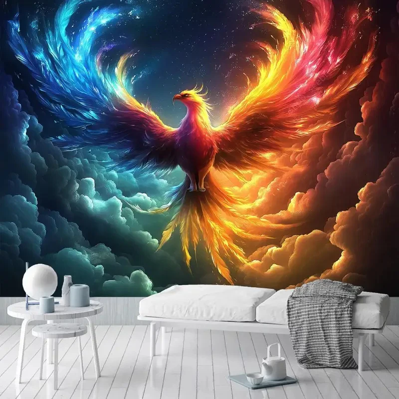 VIKAMA Fantasy Phoenix Wandteppich, Feuer- und Eisvogel-Wandbehang, ästhetischer Hintergrundstoff für Schlafzimmer, Wohnheim, Heimdekoration