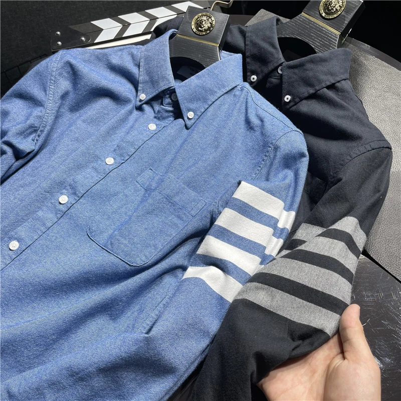 

Classic Four-Bar ort-Sve Casual irt Youth Faion Waed Pure Cotton Turn-down Collar Menswear Autumn Stand Fit Str...