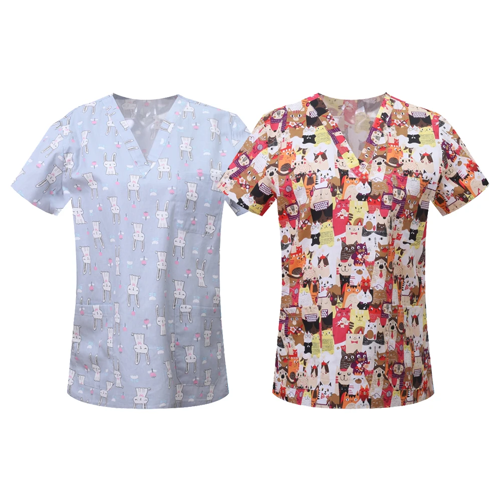 Nurse Uniforms Women Print Short Sleeve V-neck Scrubs Working Medical Blouse Overalls   Nursing Spa Pet Dentistry