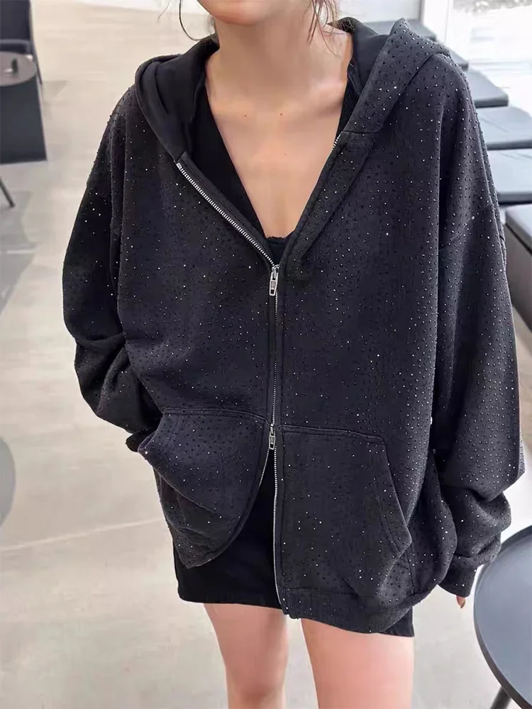 2023 Autumn and Winter New Fashion Rhinestone Hoodie Coat Women\'s Loose-fit Long Sleeve Distressed Zipper Sweatshirt Streetwear