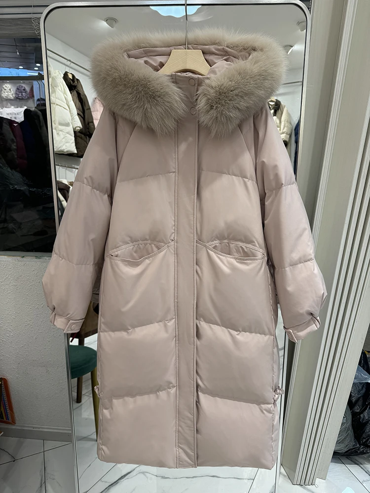 90% eendendons jas donsjack dames luxe bovenkleding lange puffer jas warme vrouwelijke pluizige parka's losse 2025, echte vossenbontkraag