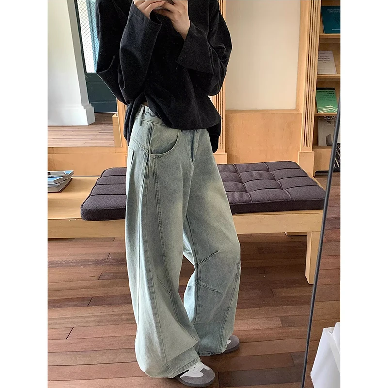 Damskie jeansy oversize w kolorze ciemnoniebieskim w stylu Y2K, szerokie nogawki, vintage Harajuku, dżinsy w stylu retro amerykańskim z lat 2000, spodnie boyfriend jeans.