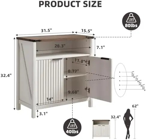32 Inch Fluted Sideboard Buffet Cabinet with Storage Antique White | Coffee Bar Cabinet with Open Shelf and 5-Level