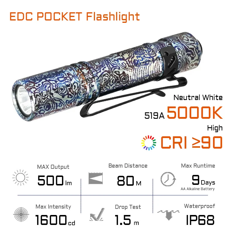 ACEBEAM Pokelit AA Titanium EDC Flashlight 500 Lumens High CRI90 IP68 Small Pocket LED Flashlight for Everyday Carry